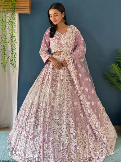 Astonishing Lilac Pearl Work Net Reception Wear Lehenga Choli - Ethnic Plus In